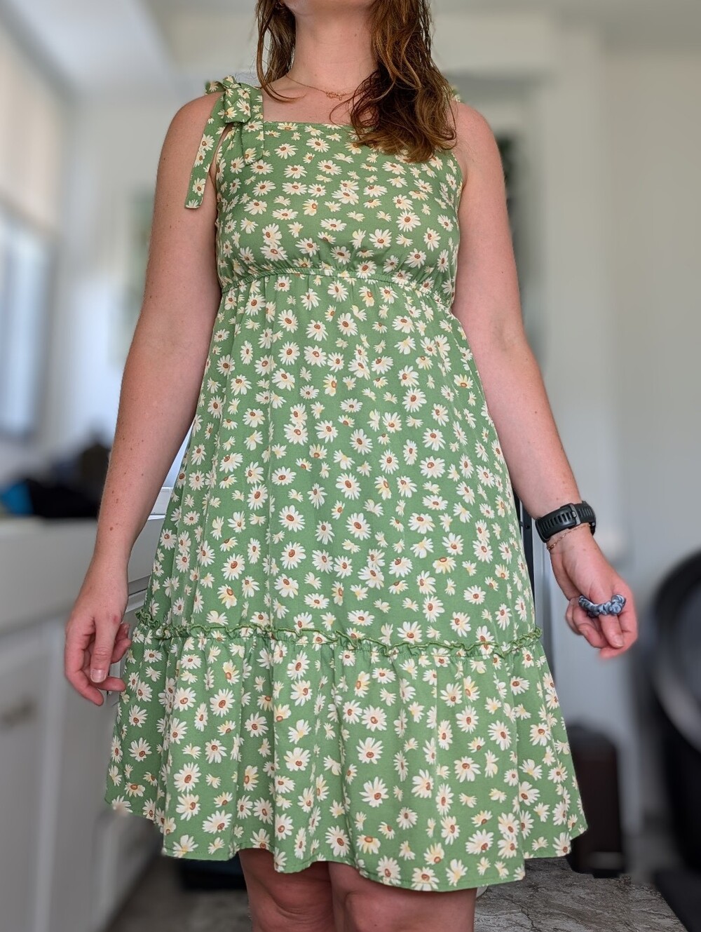 SHEIN Green Daisy Tie-Shoulder Mini Dress
